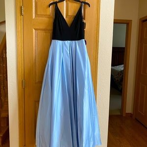 Windsor formal gown in black and baby blue